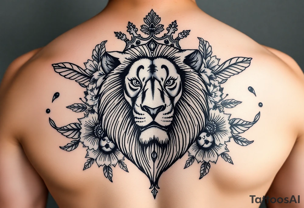 powerful majestic lion with a crown, surrounded by floral ornaments and birds tattoo idea
