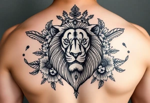 powerful majestic lion with a crown, surrounded by floral ornaments and birds tattoo idea