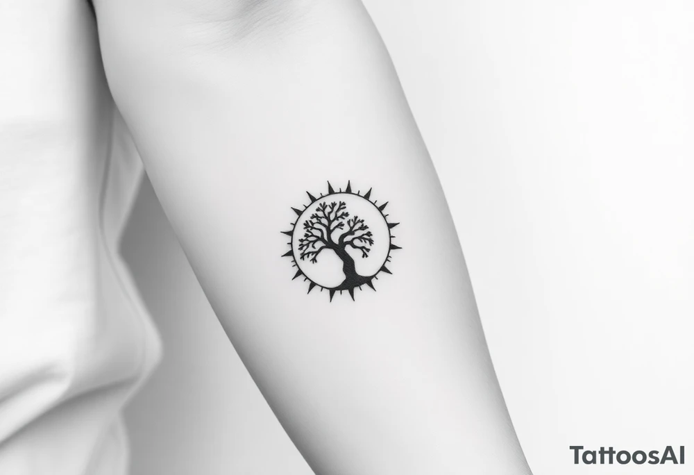 Tree inside of a Fibonacci spiral sun tattoo idea