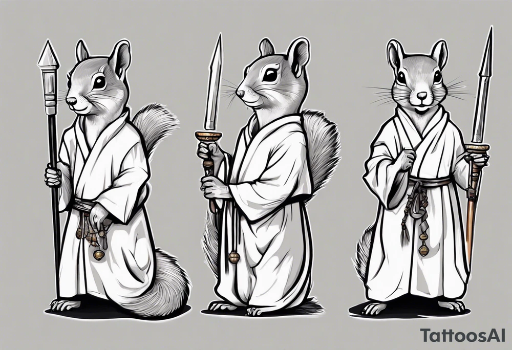 a grey squirrel dressed as a monk holding a silver spear tattoo idea