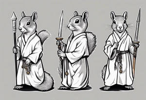 a grey squirrel dressed as a monk holding a silver spear tattoo idea