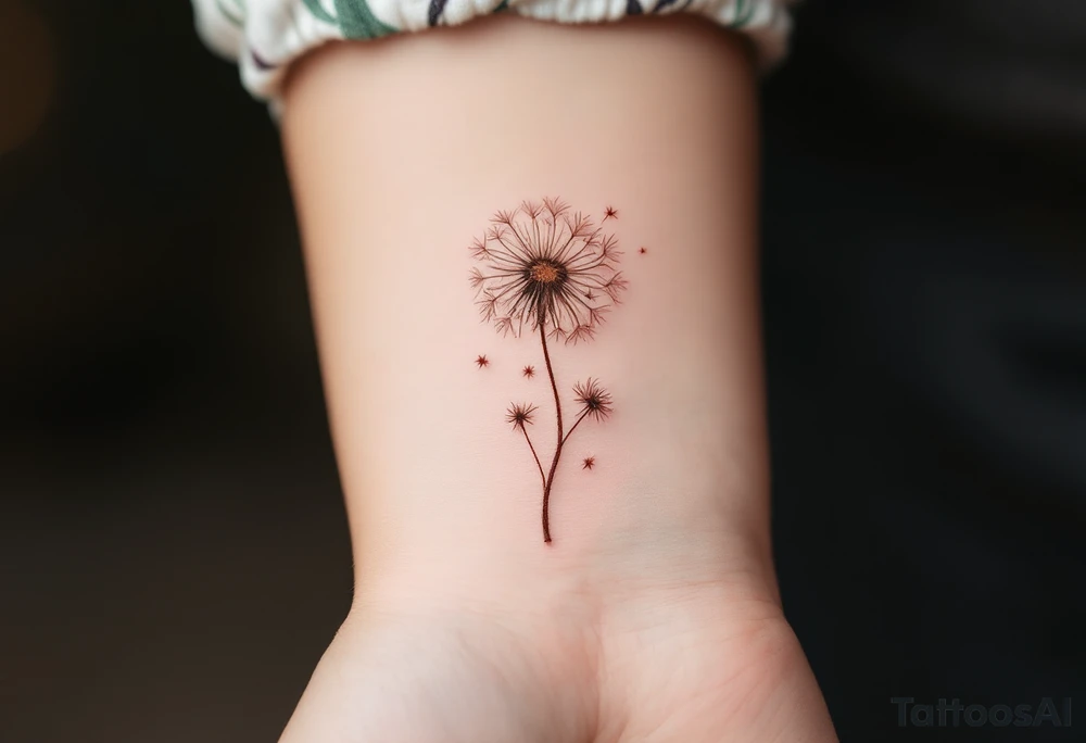 Small wrist dandelion in faded brown ink, with three tiny seeds escaping, each with a slight blush of pink. tattoo idea