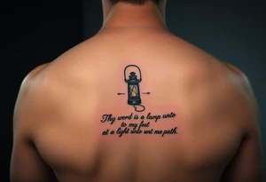 Someone holding a small lantern to light up a road with the text: "Thy word is a lamp unto my feet a light unto my path." The tattoo should be small tattoo idea