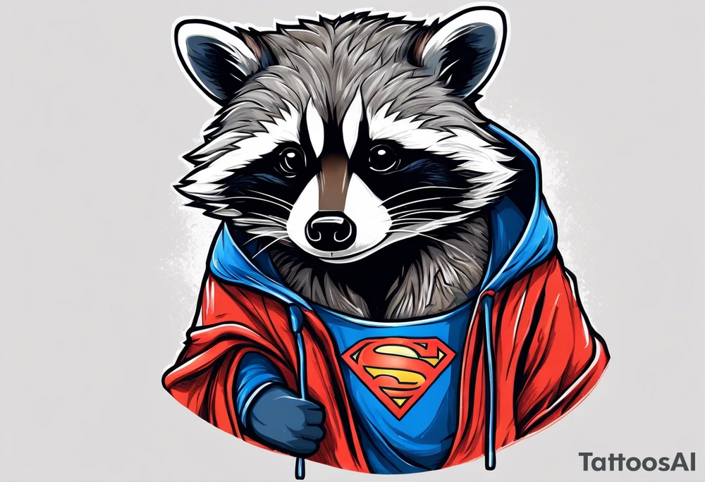 raccoon wearing a Superman hoodie tattoo idea