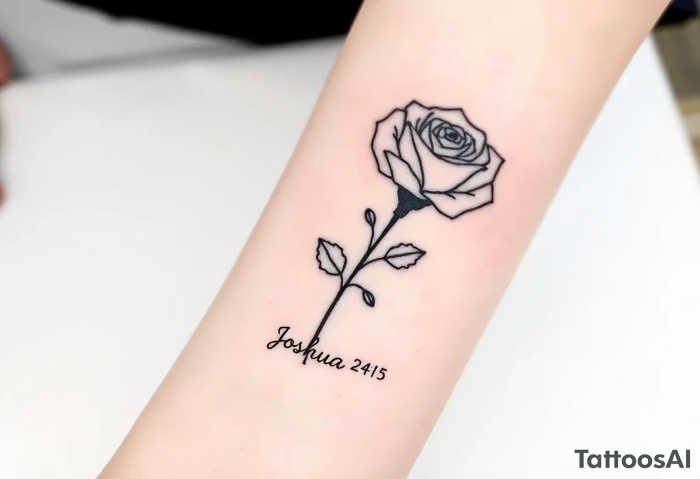 fine-line rose on my inner wrist, with the stem flowing down into the word Joshua 24:15 in tiny clean text underneath tattoo idea