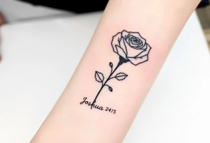 fine-line rose on my inner wrist, with the stem flowing down into the word Joshua 24:15 in tiny clean text underneath tattoo idea