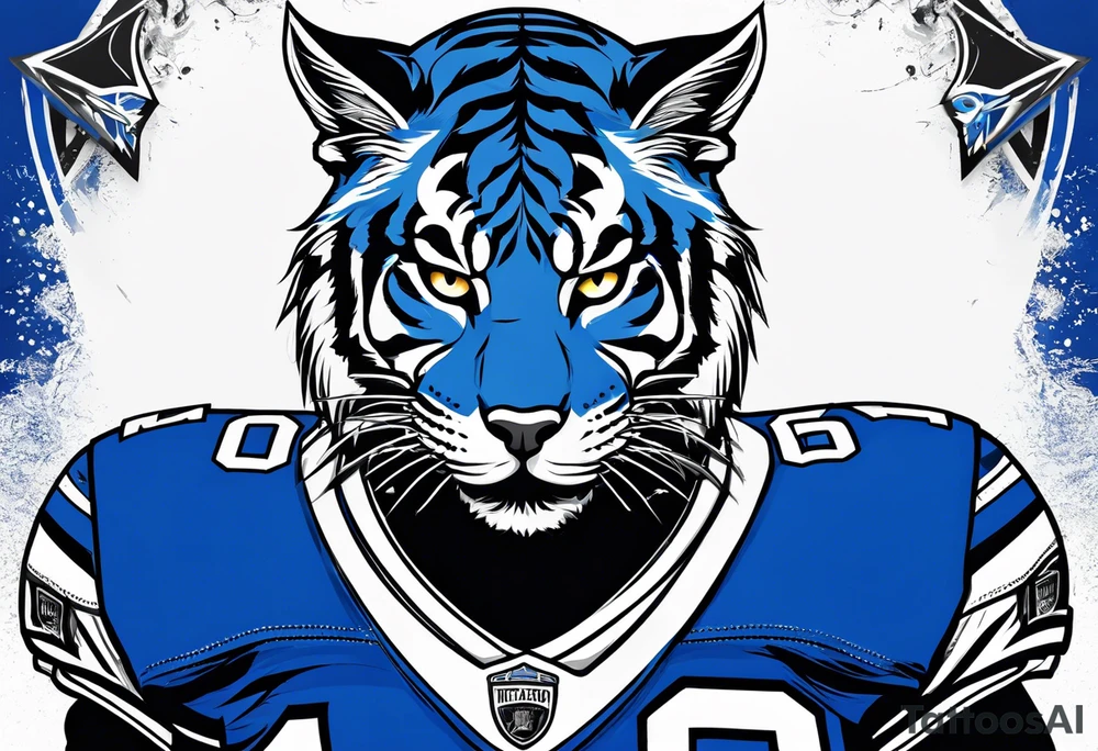 blue wildcat in football attire  morphing into jfootball game night half of the face is a black male school student tattoo idea