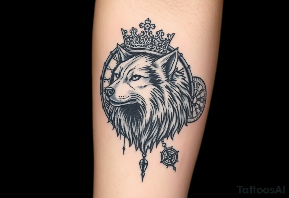 Artistic tattoo design with a powerful wolf in the center, a cracked crown tilted above its head, a vintage clock with Roman numerals and a compass blended in the background. Black and gray shading, realistic yet symbolic style, designed for chest or forearm.” tattoo idea