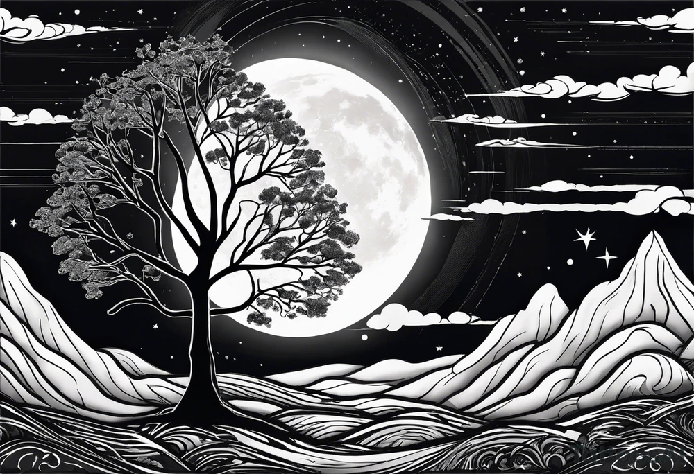 Simple Tree holding the sun on the right side and the moon on the left side tattoo idea