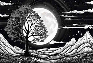 Simple Tree holding the sun on the right side and the moon on the left side tattoo idea