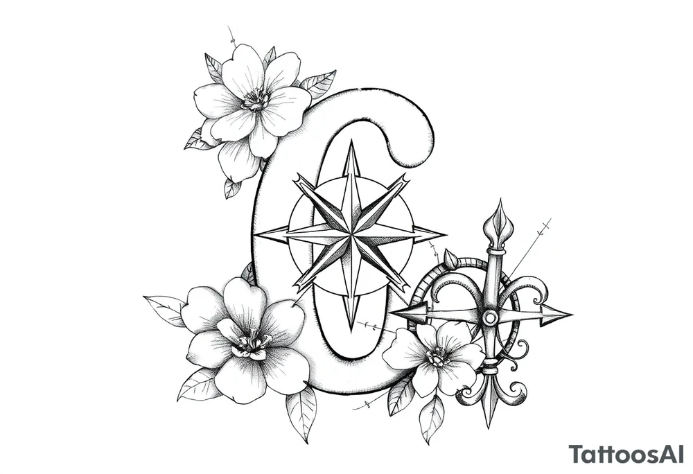 number 6 with flowers surrounding it and a nautical compass and fleur des lis tattoo idea