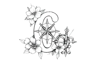 number 6 with flowers surrounding it and a nautical compass and fleur des lis tattoo idea