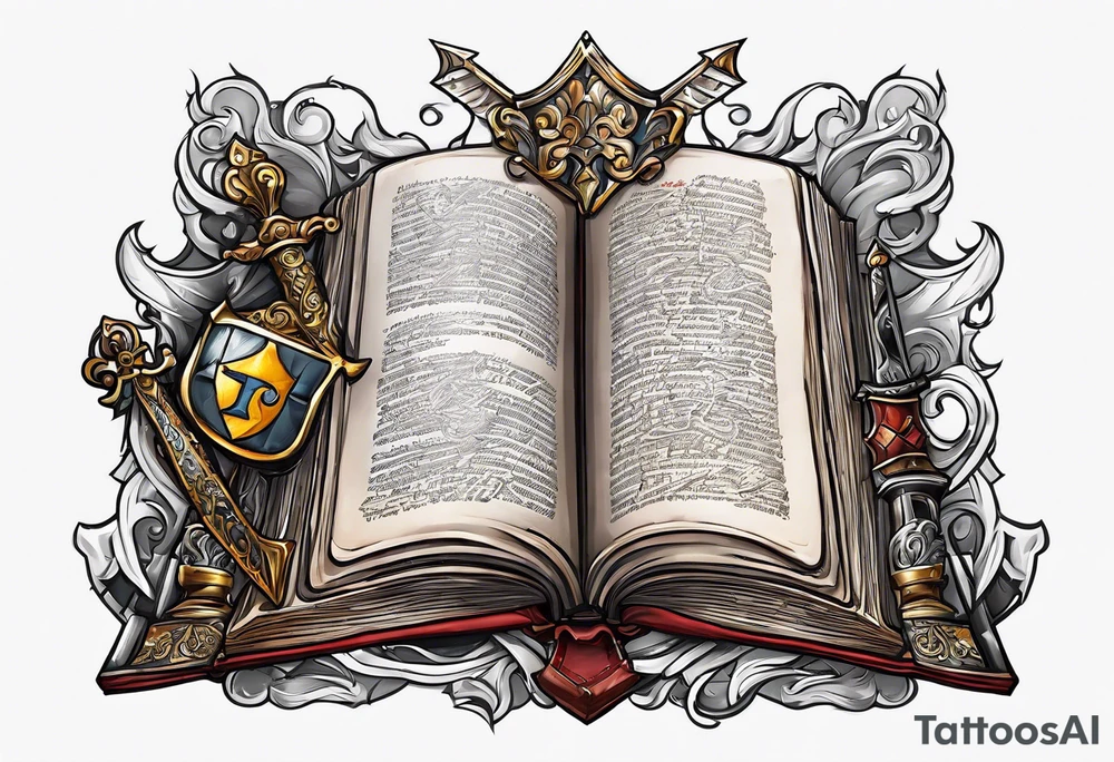 a knight pulling a sword out of an open bible tattoo idea