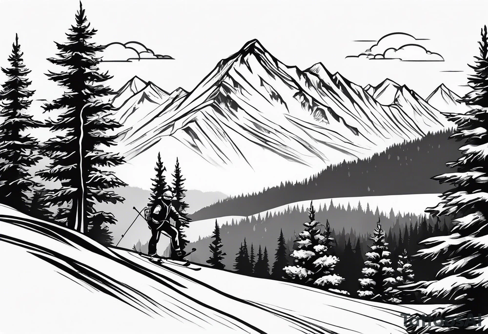 snow skier coming down mountain in distance with trees and mountains and lake at bottom tattoo idea