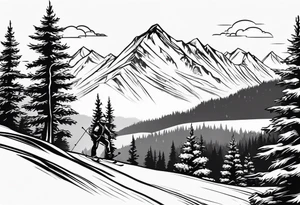snow skier coming down mountain in distance with trees and mountains and lake at bottom tattoo idea