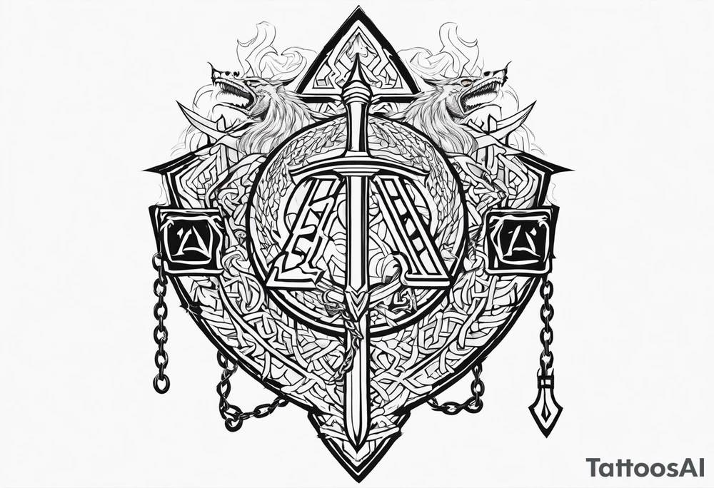 Valhalla sword shield dragon axe Valknut barbed wire chains fire tattoo idea Valhalla sword shield dragon axe Valknut barbed wire chains fire tattoo idea