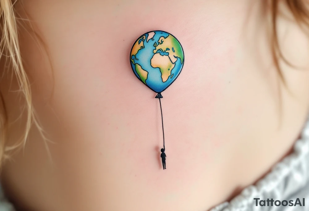 An Earth-shaped balloon in sky blue and grass green floats upward from a black string held by a tiny figure. tattoo idea
