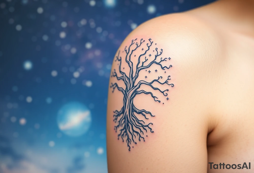 mystical tree of life with cosmic roots and celestial branches, 
more full tree and sparkles around ethereal, making it a scene in a galaxy background tattoo idea