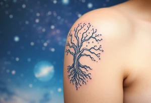 mystical tree of life with cosmic roots and celestial branches, 
more full tree and sparkles around ethereal, making it a scene in a galaxy background tattoo idea