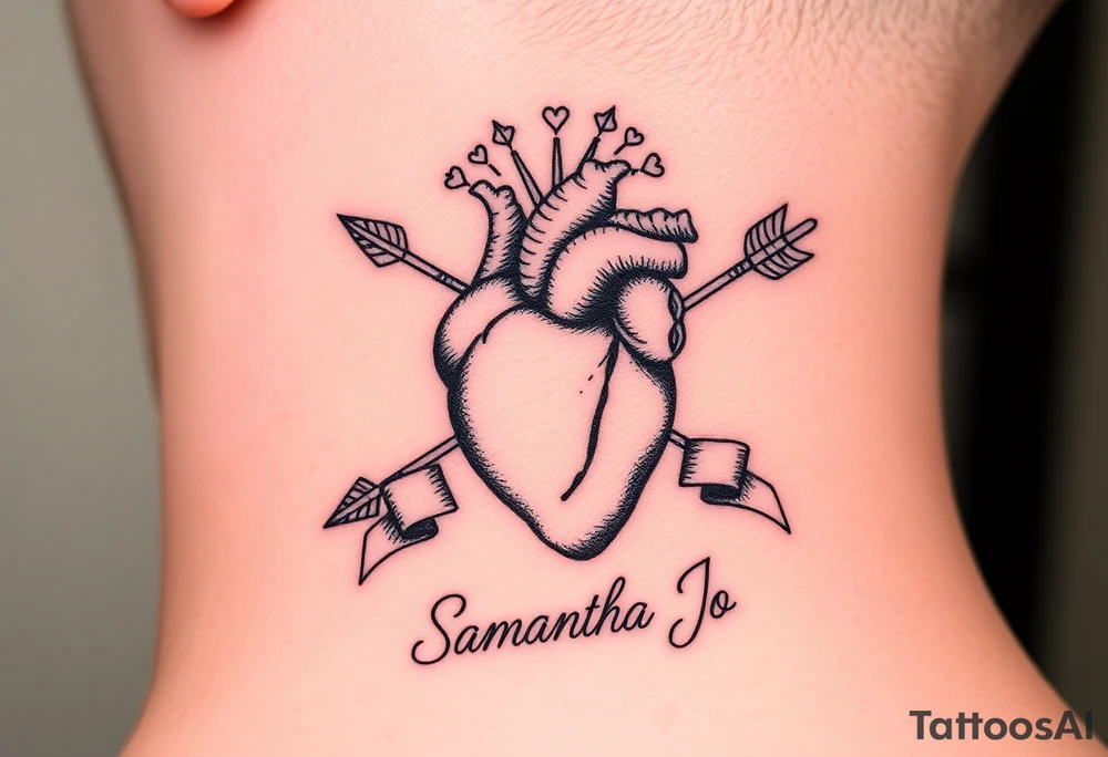anatomical heart pierced by ornate arrow with flowing ribbons with the name Samantha Jo tattoo idea
