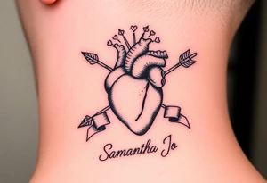 anatomical heart pierced by ornate arrow with flowing ribbons with the name Samantha Jo tattoo idea