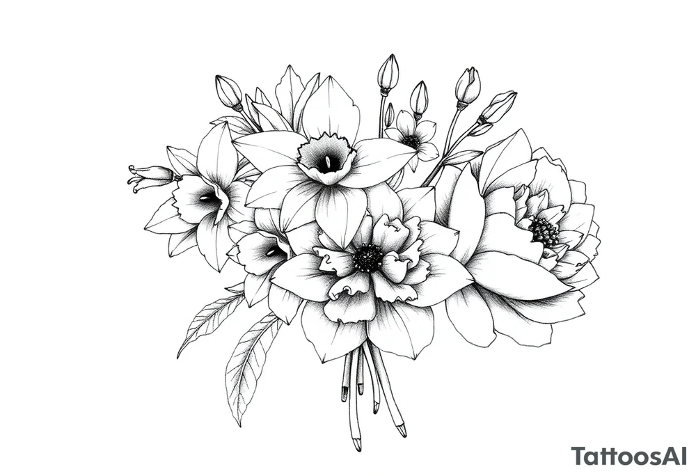 small daffodils, jonquils, chrysanthemum and peony in a bouquet tattoo idea