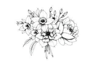 small daffodils, jonquils, chrysanthemum and peony in a bouquet tattoo idea