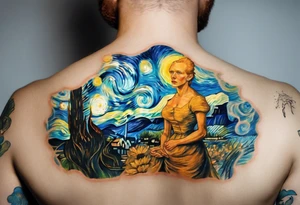 Create a colorful Vincent van Gogh's tattoo The intended placement is on the upper chest. The overall design should be small in size while maintaining a delicate and artistic aesthetic. tattoo idea