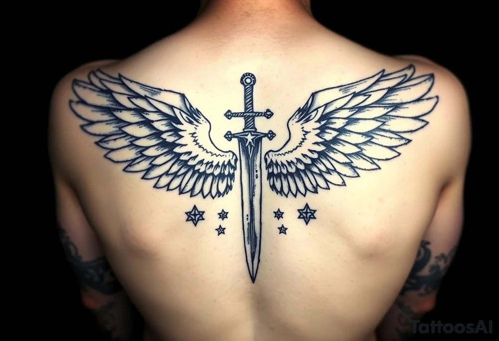 Wings wrapping up and around surrounding a sword and diamond shaped stars tattoo idea