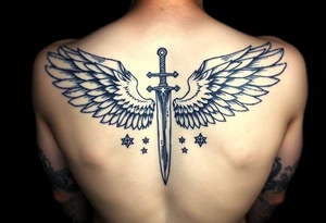 Wings wrapping up and around surrounding a sword and diamond shaped stars tattoo idea