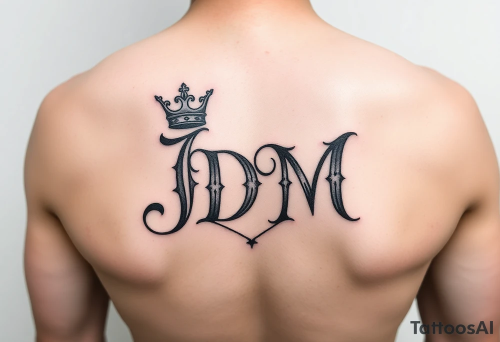 Letters JDM with crown on the J and a halo over the M tattoo idea
