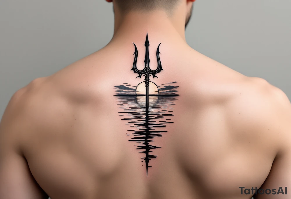trident half way under calm water with sunset tattoo idea
