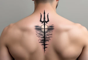 trident half way under calm water with sunset tattoo idea