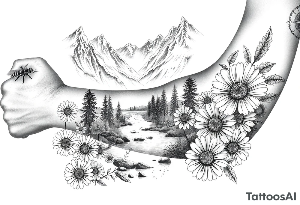 full arm black and white tattoo realistic nature landscape majestic river flowing down bright mountains trees, daisies, chrysanthemums a real bee on one flower a large compass on the forearm tattoo idea