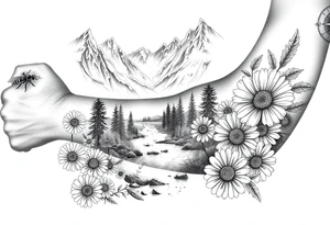 full arm black and white tattoo realistic nature landscape majestic river flowing down bright mountains trees, daisies, chrysanthemums a real bee on one flower a large compass on the forearm tattoo idea