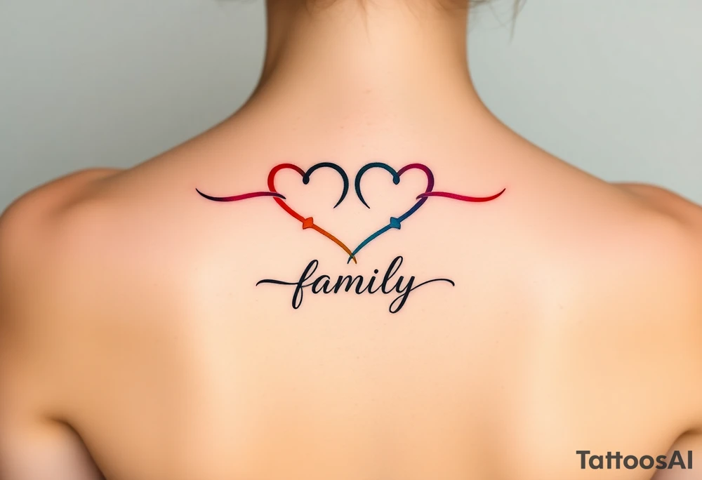 Colorful heart-shaped infinity symbol loop endings, and the word "family" elegantly placed at the center in a soft script tattoo idea