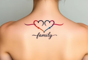 Colorful heart-shaped infinity symbol loop endings, and the word "family" elegantly placed at the center in a soft script tattoo idea