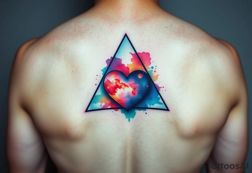 A single triangle with a heart in the center and  
galaxy inside the triangle tattoo idea