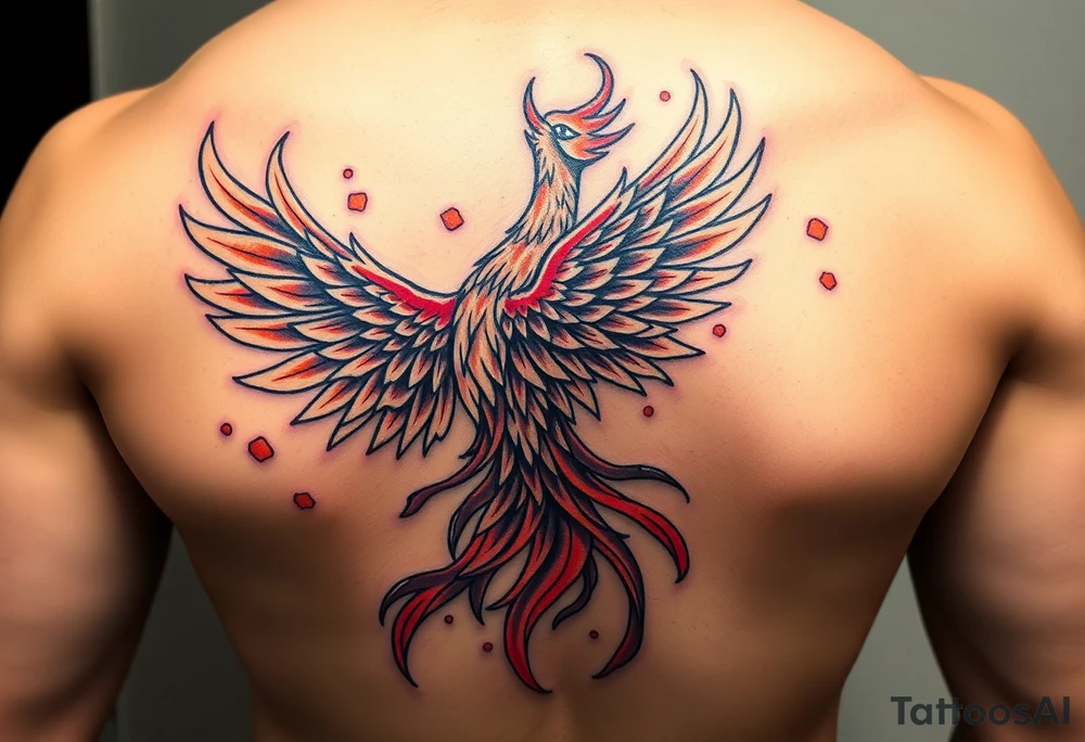 Anime-style phoenix tattoo in the art style of One Piece — bold dynamic linework, exaggerated expressive features, vibrant fiery colors, swirling flames, detailed feathers with dramatic shading, powerful stance rising upward, epic energy aura, manga-style highlights, high-contrast shading, clean tattoo-friendly design, crisp outlines, symmetrical flow, body-art composition, glowing embers, dramatic motion, One Piece anime aesthetics. tattoo idea