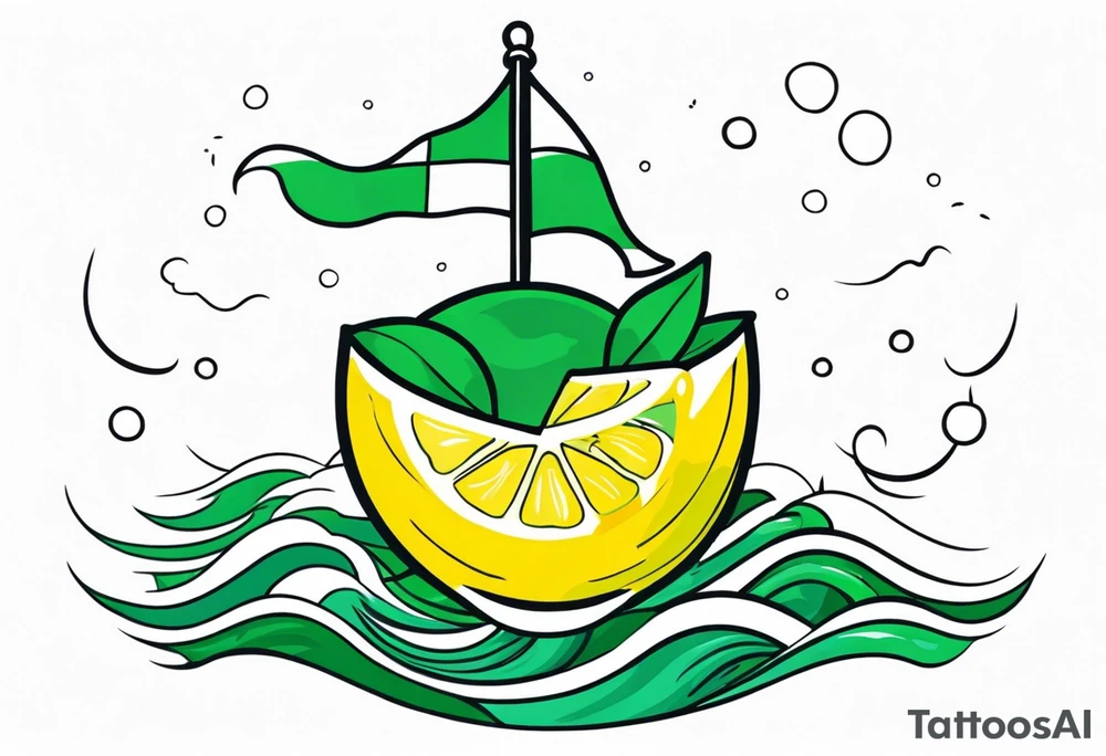 A lemon-Buoy with a green leaf-flag on waves tattoo idea