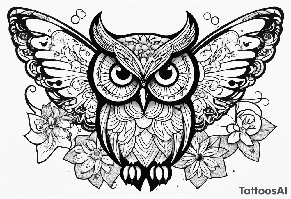 Owl flower butterfly stars tattoo idea