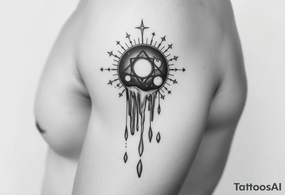 A solar system with the stars falling into a waterfall and turning into rain drops tattoo idea