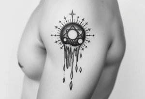 A solar system with the stars falling into a waterfall and turning into rain drops tattoo idea