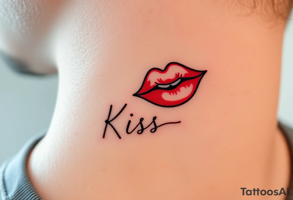 Neck tattoo of lips on the right side, puckered or slightly parted, with the word "Kiss" in a cursive or sleek font below or beside it. with red or black ink for a bold, elegant look. tattoo idea