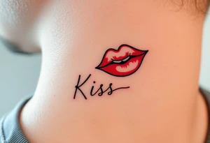 Neck tattoo of lips on the right side, puckered or slightly parted, with the word "Kiss" in a cursive or sleek font below or beside it. with red or black ink for a bold, elegant look. tattoo idea