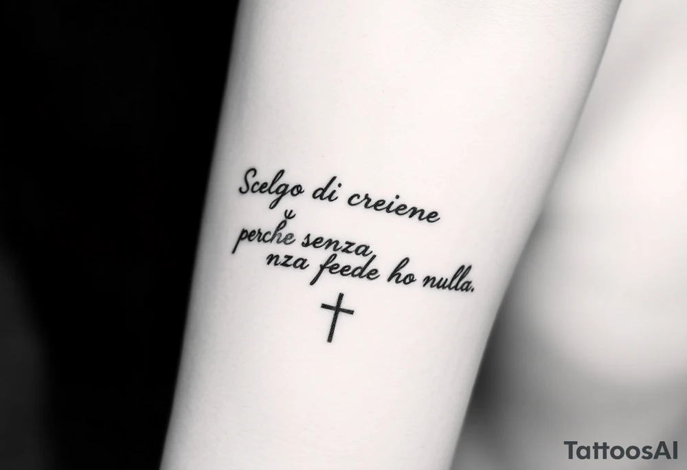 I want a tattoo with the quote “Scelgo di credere, perché senza fede non ho nulla.” Before the quote, I want a small cross. I’d like it to be written in a handwritten, elegant font on a single line, slightly curved to follow the shape of the placement. I want to place it on the lower part of my forearm, from the wrist toward the elbow. tattoo idea