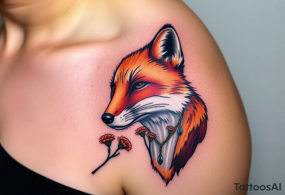 adult fox with jewelry smelling wild flowers tattoo idea