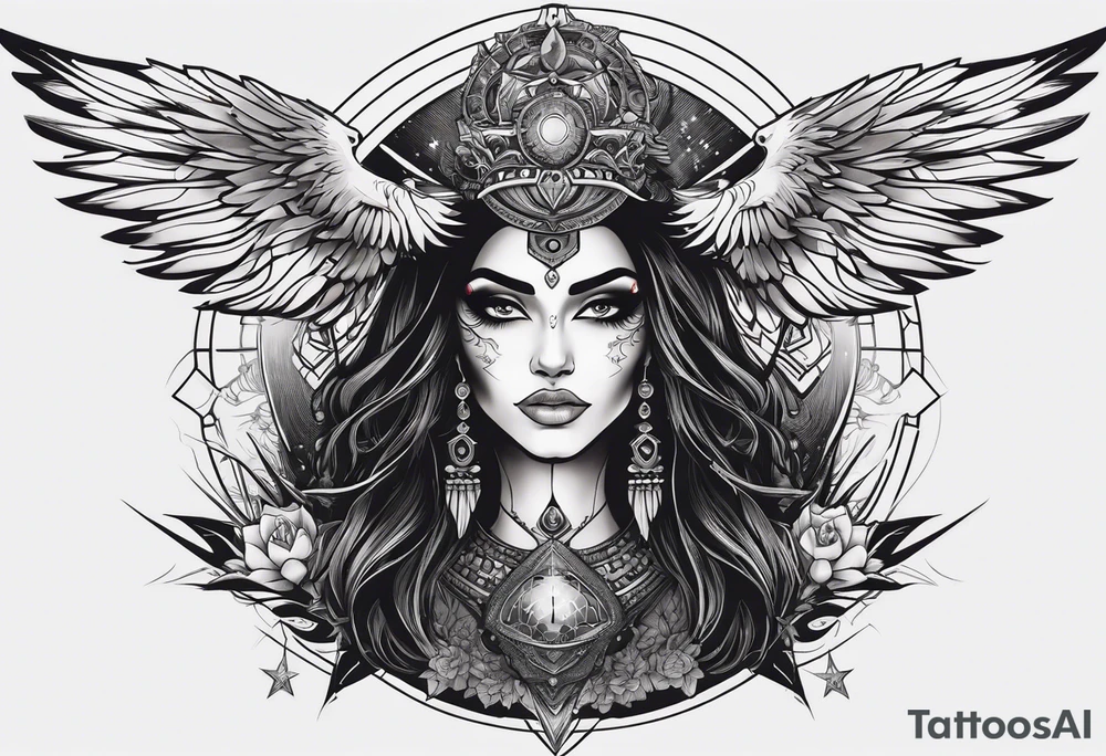 black kali, goddess pirate, alien, pachamama, valkrye, warrior, skull, lotus azul, wing, eagle, zenza resonance, stars, 5D, anahata chakra tattoo idea
