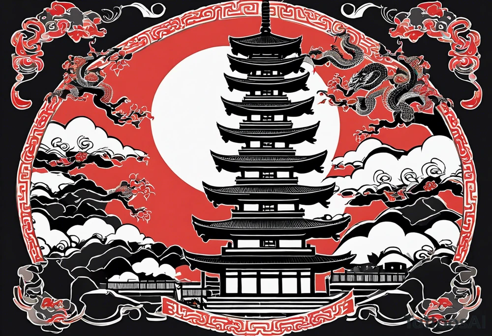 Design a striking tattoo featuring a traditional Japanese pagoda guarded by a fierce Japanese dragon. The dragon should be coiled around the pagoda, symbolizing protection, with its scales intricately detailed and claws gripping the structure. The pagoda is multi-tiered, ornate, and reflects traditional Japanese architecture, with curved roofs and wooden beams. The dragon’s body wraps around each level of the pagoda, with its head rising above, exuding power and vigilance. Surround the scene with subtle elements like swirling clouds, adding depth and a mystical atmosphere. The overall style should blend realism with traditional Japanese tattoo art, incorporating bold lines and rich shading. tattoo idea