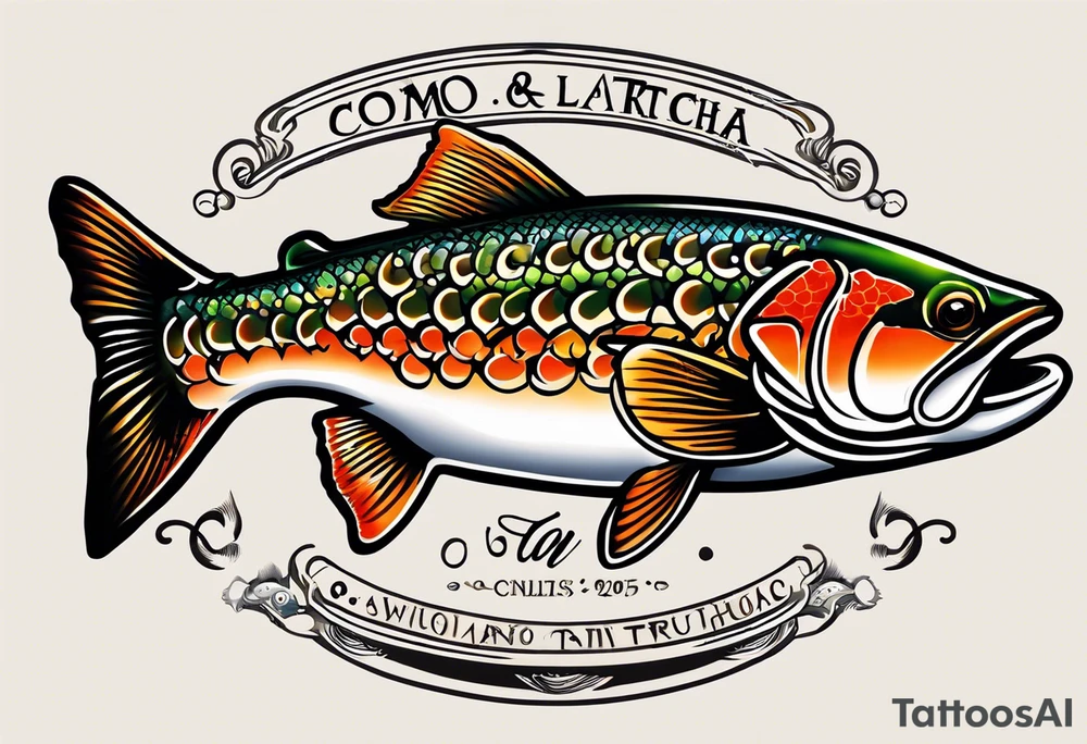 A small tattoo with a shaded trout and text that says, 'Como la trucha...' drawn with fine lines." tattoo idea